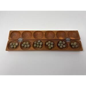 Vintage Wooden Mancala Board Game – Folding Carved Wood with Stones –Travel Game